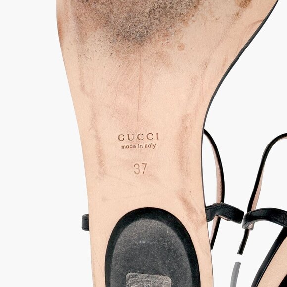 Gucci T-Strap Black Leather Horsebit Flat Sandals Shoes Size 37 US 7 Women's - Picture 12 of 13